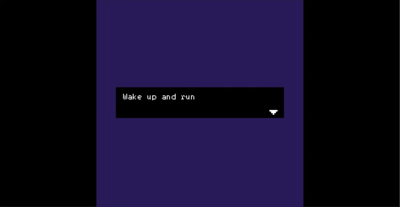The browser game on the Scream And Run online page displays white pixel text in a black dialogue box against a purple background.